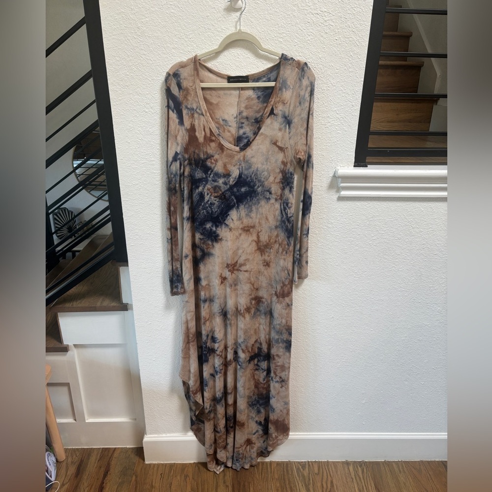 Tie Dye Brown and Blue Maxi Long Sleeved Thermal Dress